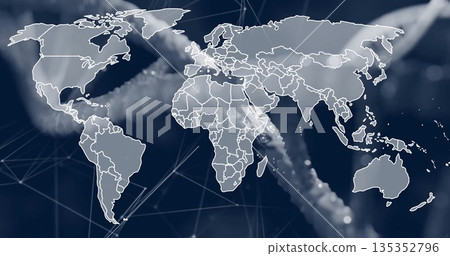 Displaying white map outline on digital interface, with blurred ropes, glowing network lines, nodes Displaying white map outline on digital interface, with blurred ropes, glowing network lines, nodes 135352796