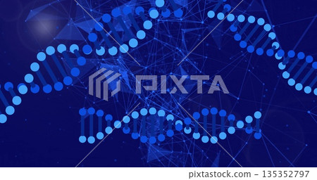 Displaying stylized DNA helix weaving across blue network mesh shapes with nodes lines glowing orbs Displaying stylized DNA helix weaving across blue network mesh shapes with nodes lines glowing orbs 135352797