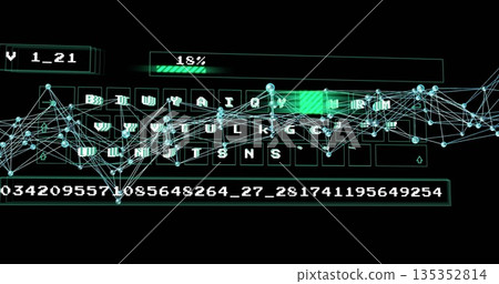 Displaying QWERTY keyboard in digital interface with node grid, green 18% progress bar, code panel Displaying QWERTY keyboard in digital interface with node grid, green 18% progress bar, code panel 135352814