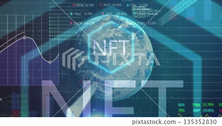Displaying holographic UI showing rotating globe, NFT hexagon, grids, financial charts, tickers 135352830
