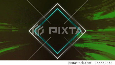 Flashing teal and white neon diamond outlines glitching in digital background, with green streaks 135352838