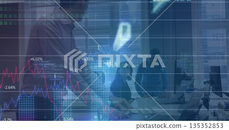 Reviewing three professionals analyzing data projections in conference room with laptops and charts Reviewing three professionals analyzing data projections in conference room with laptops and charts 135352853
