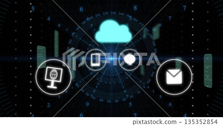 Displaying glowing turquoise cloud icon hovering over virtual interface, with connectivity icons Displaying glowing turquoise cloud icon hovering over virtual interface, with connectivity icons 135352854