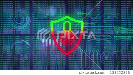 Displaying rainbow shield securing code in security graphic with fingerprint and padlock icons Displaying rainbow shield securing code in security graphic with fingerprint and padlock icons 135352856