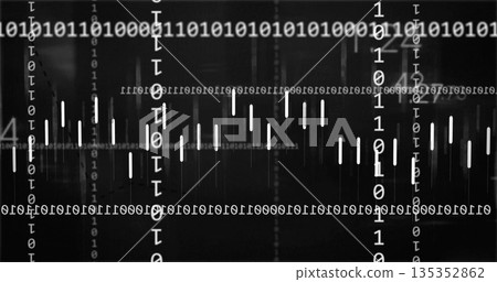 Streaming binary digits across digital interface with vertical columns, horizontal rows, data bars 135352862