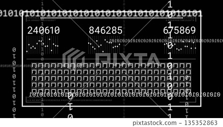 White-outlined panel presenting numeric displays in console UI, with bar charts grid binary streams White-outlined panel presenting numeric displays in console UI, with bar charts grid binary streams 135352863