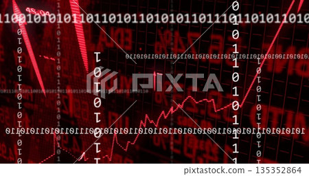 Displaying red dotted line graph rising on trading dashboard, with binary columns and numeric data 135352864