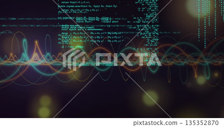 Flowing colorful waveform lines across dark digital space, with floating code and bokeh lights Flowing colorful waveform lines across dark digital space, with floating code and bokeh lights 135352870