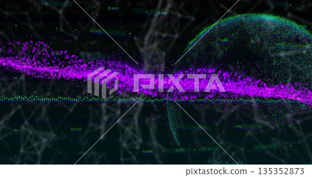 Flowing magenta particle stream across virtual 3D space, with network lines and spherical globe 135352873