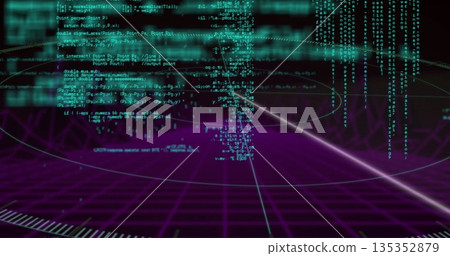 Projecting code blocks, binary code above virtual reality grid with markers and diagonal light beam Projecting code blocks, binary code above virtual reality grid with markers and diagonal light beam 135352879