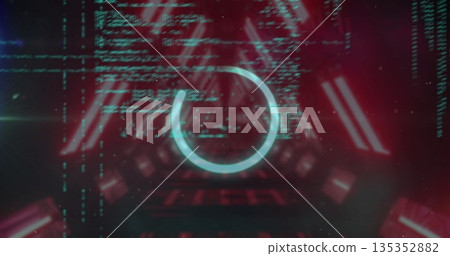 Pulsing circular loading ring hovering in red neon bar tunnel with floating green code fragments Pulsing circular loading ring hovering in red neon bar tunnel with floating green code fragments 135352882