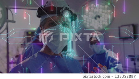 Standing female surgeon wearing mask cap lamp and gloves in operating room, with circuit overlay Standing female surgeon wearing mask cap lamp and gloves in operating room, with circuit overlay 135352897