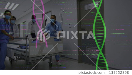 Pushing medical team guiding patient on gurney through hospital hallway, with DNA glitch overlays Pushing medical team guiding patient on gurney through hospital hallway, with DNA glitch overlays 135352898