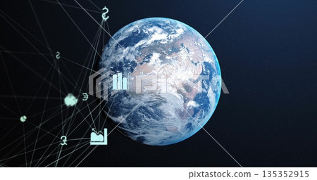 Floating planet Earth revealing lands and clouds in deep space, with network lines and data icons Floating planet Earth revealing lands and clouds in deep space, with network lines and data icons 135352915