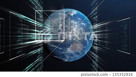 Floating Earth globe streaming green digital code in outer space, with rectangular UI frames Floating Earth globe streaming green digital code in outer space, with rectangular UI frames 135352916