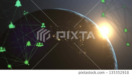 Planet Earth showing night lights and sun rising over horizon in space, with digital network icons Planet Earth showing night lights and sun rising over horizon in space, with digital network icons 135352918