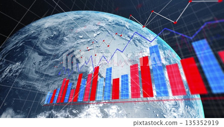 Displaying Earth spinning in orbit, showing bar charts, line graph and wireframe grid 135352919