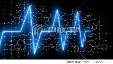 Displaying neon-blue ECG waveform pulsing on virtual laboratory interface, with chemical structures 135352920