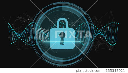 Digital padlock icon glowing in circular HUD on security interface, with node-link graphs waveforms 135352921