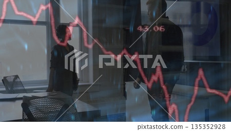 Analyzing red line graph colleagues in business attire presenting data in meeting room, table Analyzing red line graph colleagues in business attire presenting data in meeting room, table 135352928