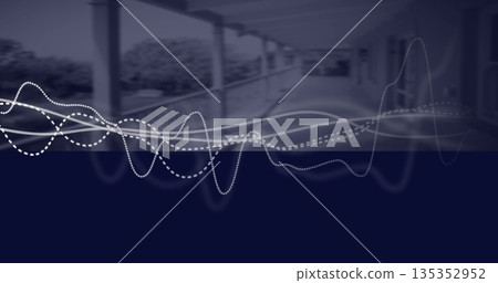 Displaying abstract white waveforms overlaying balcony, with support columns and metal railing 135352952