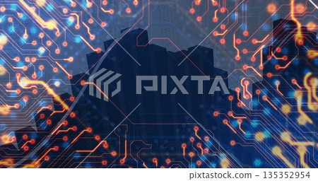 Displaying polygonal outline in interface with glowing circuit traces, nodes and numeric overlays Displaying polygonal outline in interface with glowing circuit traces, nodes and numeric overlays 135352954