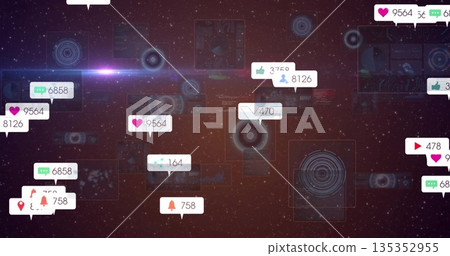 Displaying social media notifications floating in cosmic interface, with heart comment bell icons Displaying social media notifications floating in cosmic interface, with heart comment bell icons 135352955