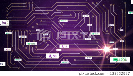Visualizing gold circuit network in purple space, with social media metric pop-ups and lens flare Visualizing gold circuit network in purple space, with social media metric pop-ups and lens flare 135352957