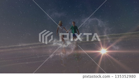 Kids running holding hands on low-tide beach under stars, straw hat, cosmic dust swirl, lens flare Kids running holding hands on low-tide beach under stars, straw hat, cosmic dust swirl, lens flare 135352980