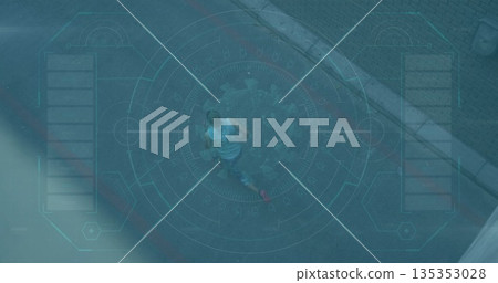 Sprinting man wearing sleeveless top and red shoes on asphalt road, with HUD overlay, manhole cover 135353028