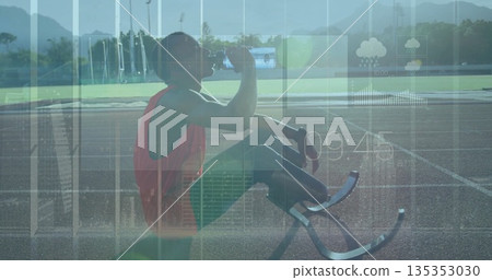 Hydrating teenage male athlete sitting on outdoor track, with prosthetic blades and water bottle Hydrating teenage male athlete sitting on outdoor track, with prosthetic blades and water bottle 135353030