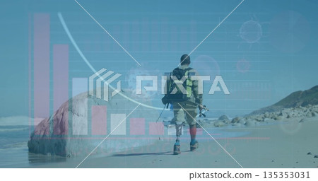 Walking veteran in camouflage on prosthetic legs on beach, with green backpack and fishing rod Walking veteran in camouflage on prosthetic legs on beach, with green backpack and fishing rod 135353031