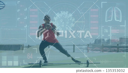 Man wearing red top performing side lunge at waterfront pier, with barbell and prosthetic blade Man wearing red top performing side lunge at waterfront pier, with barbell and prosthetic blade 135353032
