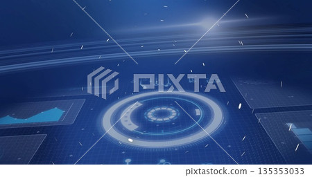 Displaying central circular HUD in tech control hub, with glowing particles and line and bar charts Displaying central circular HUD in tech control hub, with glowing particles and line and bar charts 135353033