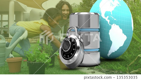 Kneeling mother and daughter planting in yard by porch, with padlocked data cylinder and globe Kneeling mother and daughter planting in yard by porch, with padlocked data cylinder and globe 135353035