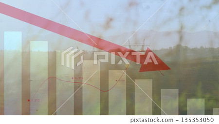 Displaying red downward arrow overlaying rural grassland, with bars, red line graph, power towers 135353050