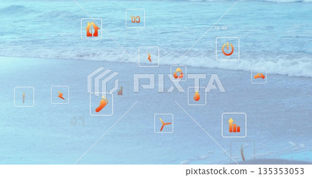 Displaying semi-transparent overlays on seaside beach, showing orange recycling and power icons Displaying semi-transparent overlays on seaside beach, showing orange recycling and power icons 135353053