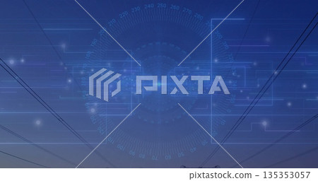 Displaying futuristic HUD interface floating above power lines at twilight, glowing nodes, towers 135353057