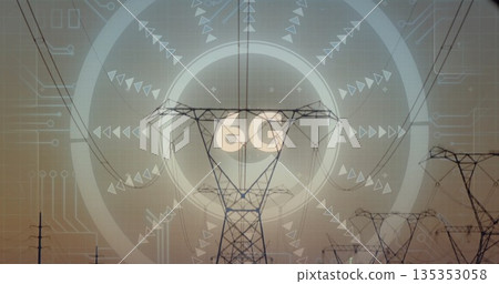 Displaying central transmission tower showing 6G digital overlay over rural power lines at dusk 135353058