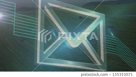 Hovering stylized glowing envelope icon floating over farm valley, with teal digital data lines 135353071