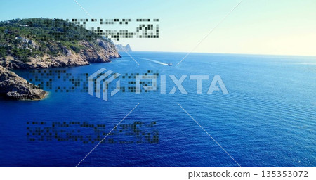 Gliding small white speedboat leaving wake across sea past rocky cliffs with shrubs, copy space 135353072
