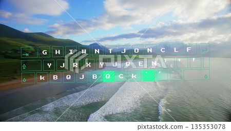 Displaying holographic keyboard over hills waves, with green keys, key outlines with white letters Displaying holographic keyboard over hills waves, with green keys, key outlines with white letters 135353078