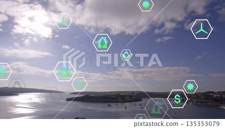 Displaying bay with boats reflecting sunlight on water at peninsula, digital sustainability icons Displaying bay with boats reflecting sunlight on water at peninsula, digital sustainability icons 135353079
