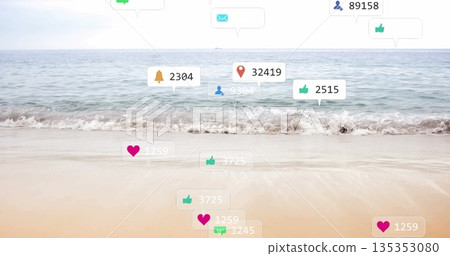 Floating cluster of social media icons drifting above sandy beach showing notification bubbles Floating cluster of social media icons drifting above sandy beach showing notification bubbles 135353080