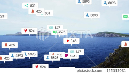Displaying floating share arrows and bell alerts above rocky cliff by ocean with numeric badges 135353081