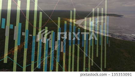 Translucent bars and lines floating over rugged coastline from aerial view, showing data graph Translucent bars and lines floating over rugged coastline from aerial view, showing data graph 135353091