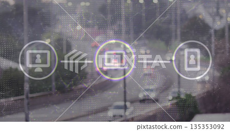 Displaying network overlay on highway scene, with dot matrix and monitor laptop smartphone icons Displaying network overlay on highway scene, with dot matrix and monitor laptop smartphone icons 135353092