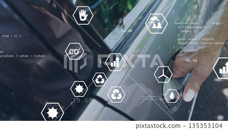Pressing sensor handle, male unlocking car door in driveway with hex icons, copy space Pressing sensor handle, male unlocking car door in driveway with hex icons, copy space 135353104