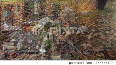 Merging seated mature couple embracing in park and bar, with leaves, wooden shelves and glassware Merging seated mature couple embracing in park and bar, with leaves, wooden shelves and glassware 135353122