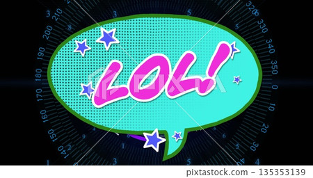 Displaying teal comic-style speech bubble with pink LOL letters over digital grid, halftone pattern 135353139